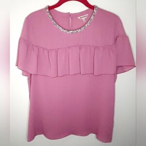 Juicy Couture Women's Ruffled Layered Crepe Embellished Neckline Blouse Medium